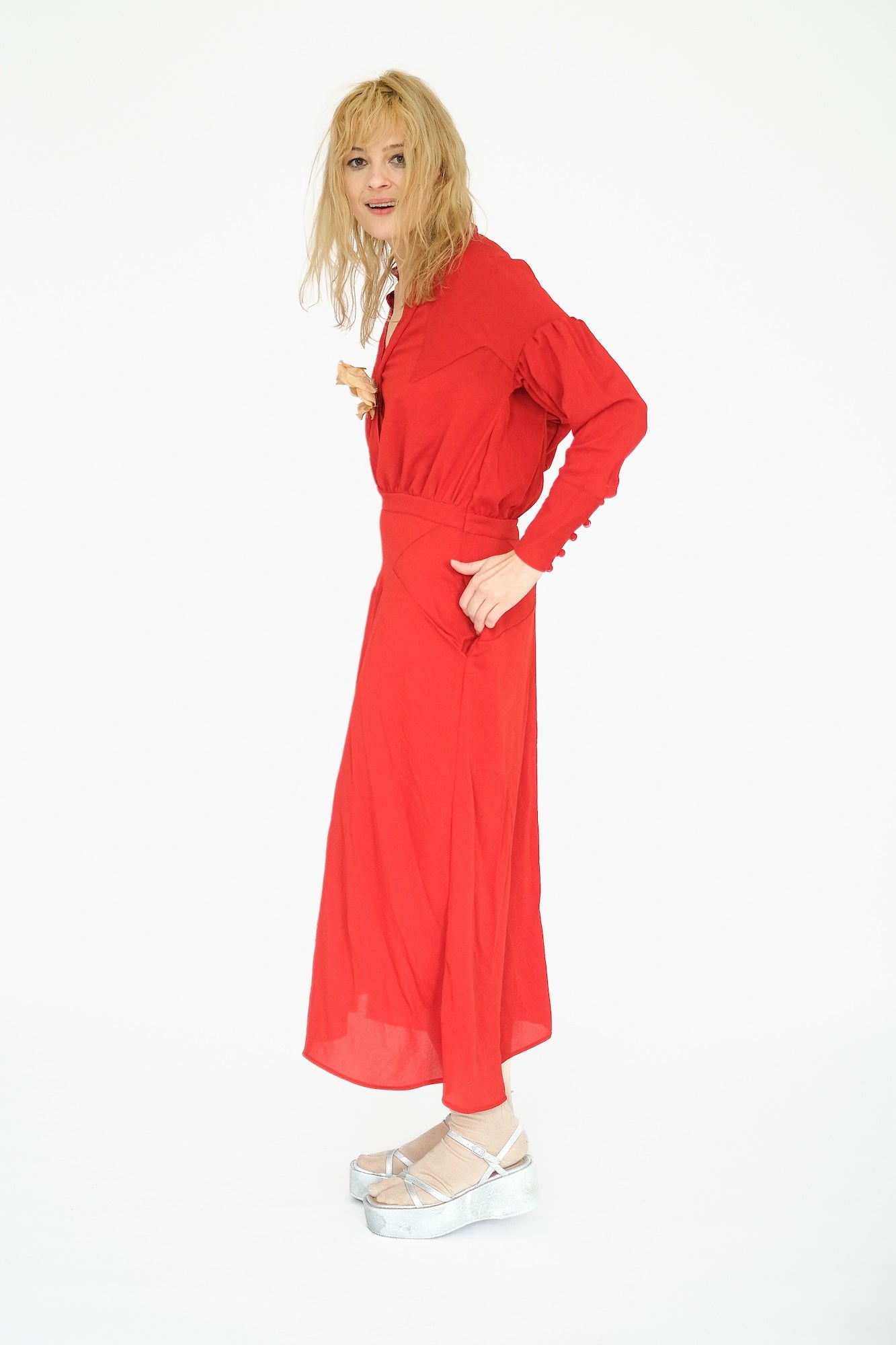 Long Dress with Flower, Crimson