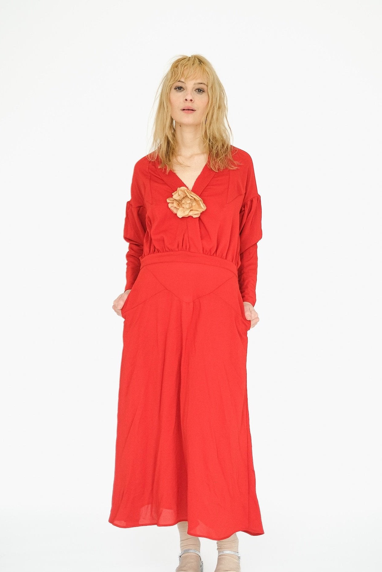 Long Dress with Flower, Crimson