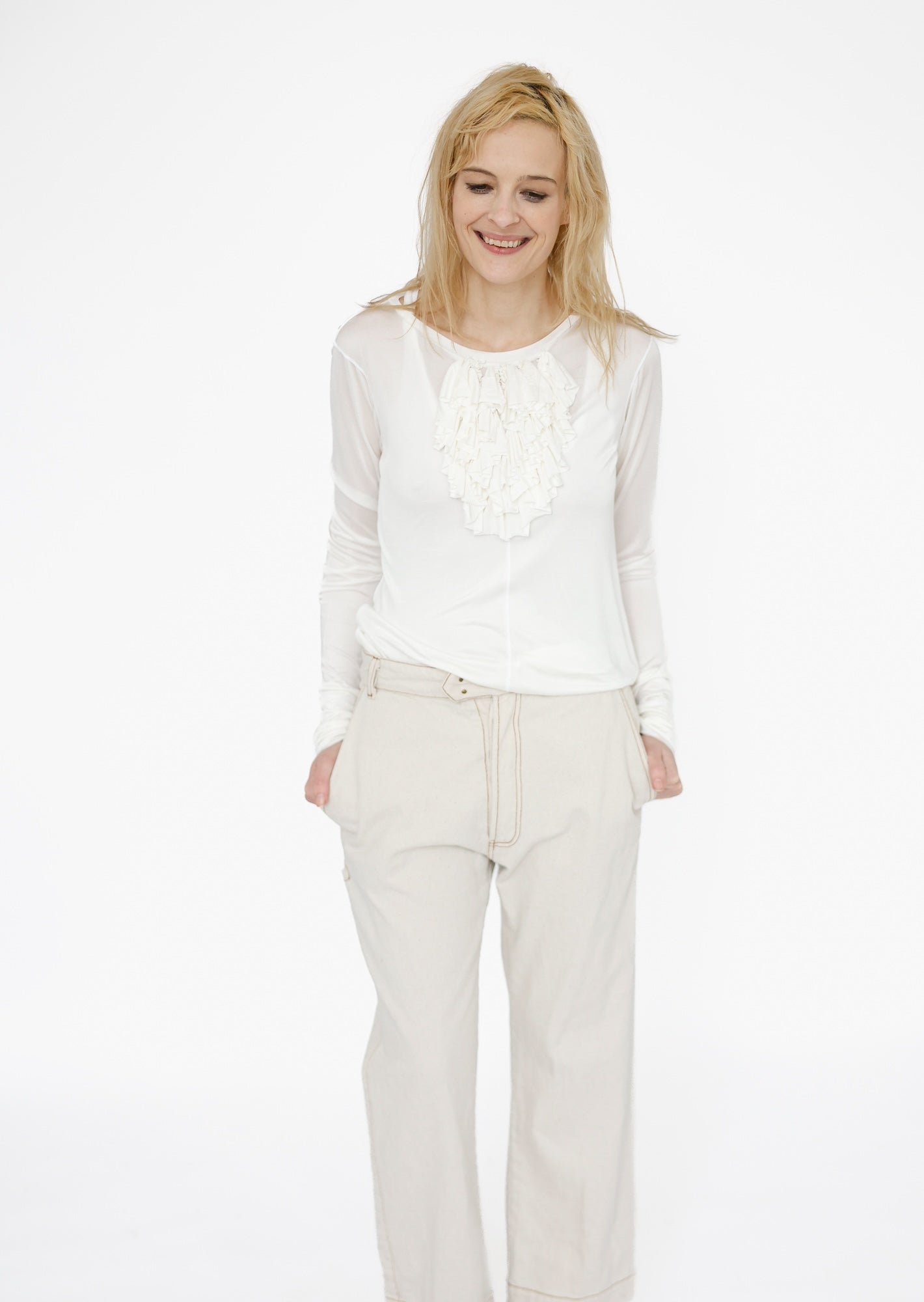 Silk Knit T-Shirt with Ruffles,  Ivory