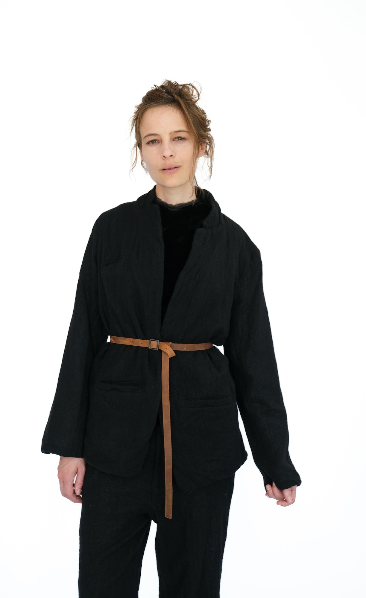 Leather Belted Japanese Ghost Wool Jacket,  Black