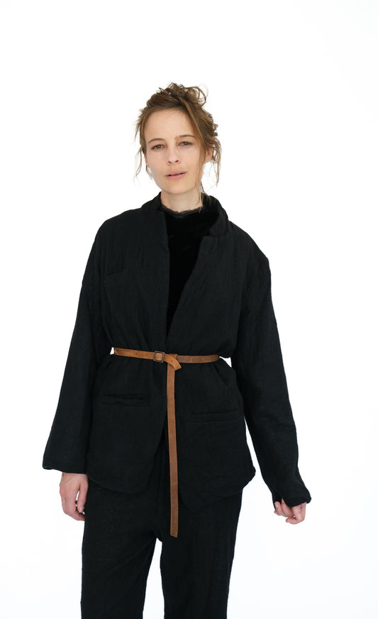 Leather Belted Japanese Ghost Wool Jacket,  Black