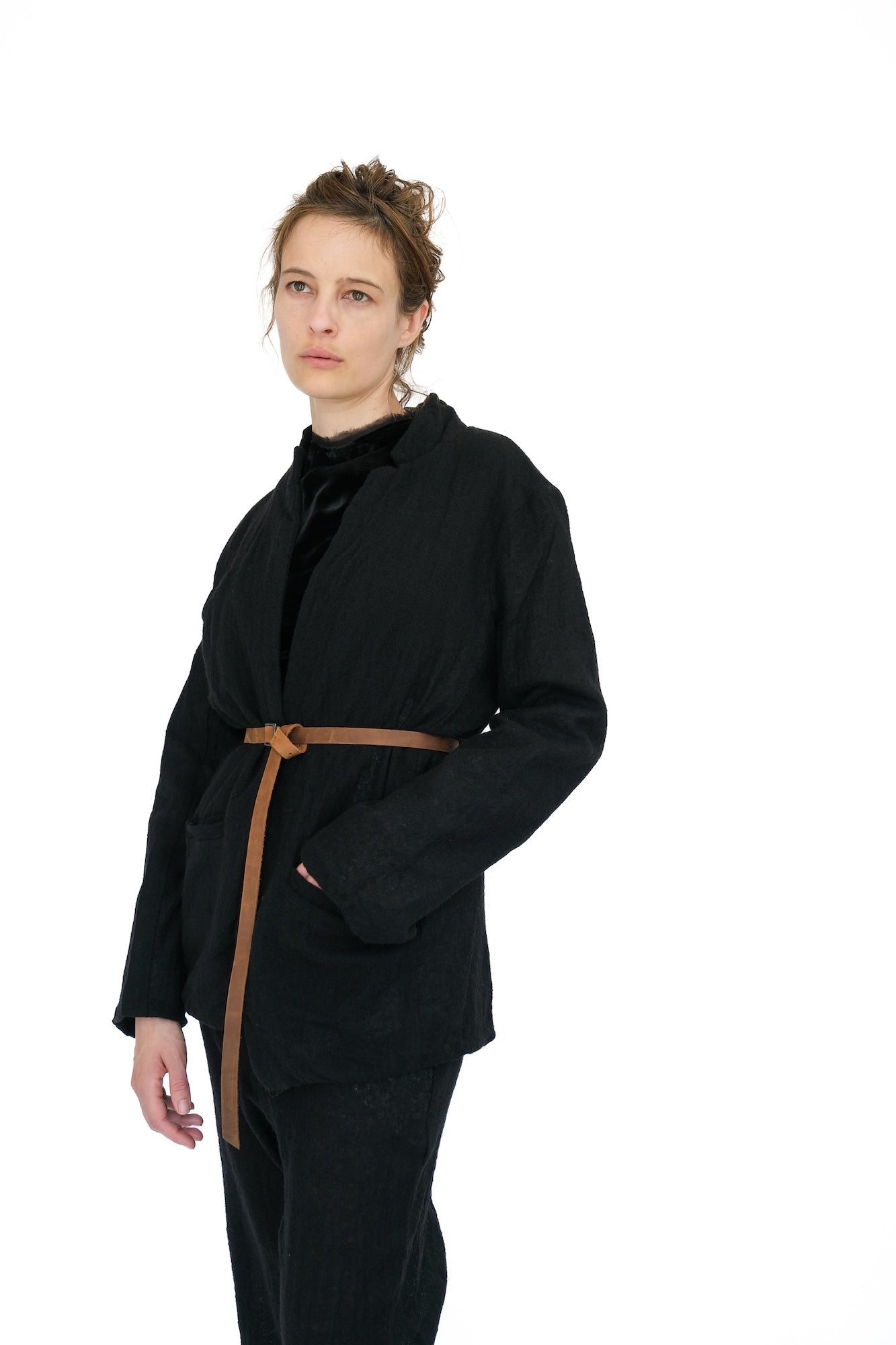 Leather Belted Japanese Ghost Wool Jacket,  Black