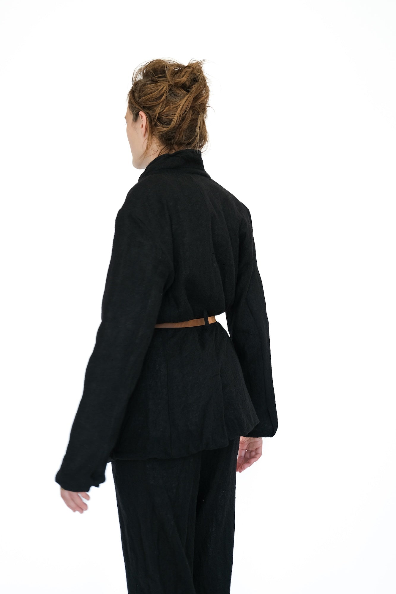 Leather Belted Japanese Ghost Wool Jacket,  Black