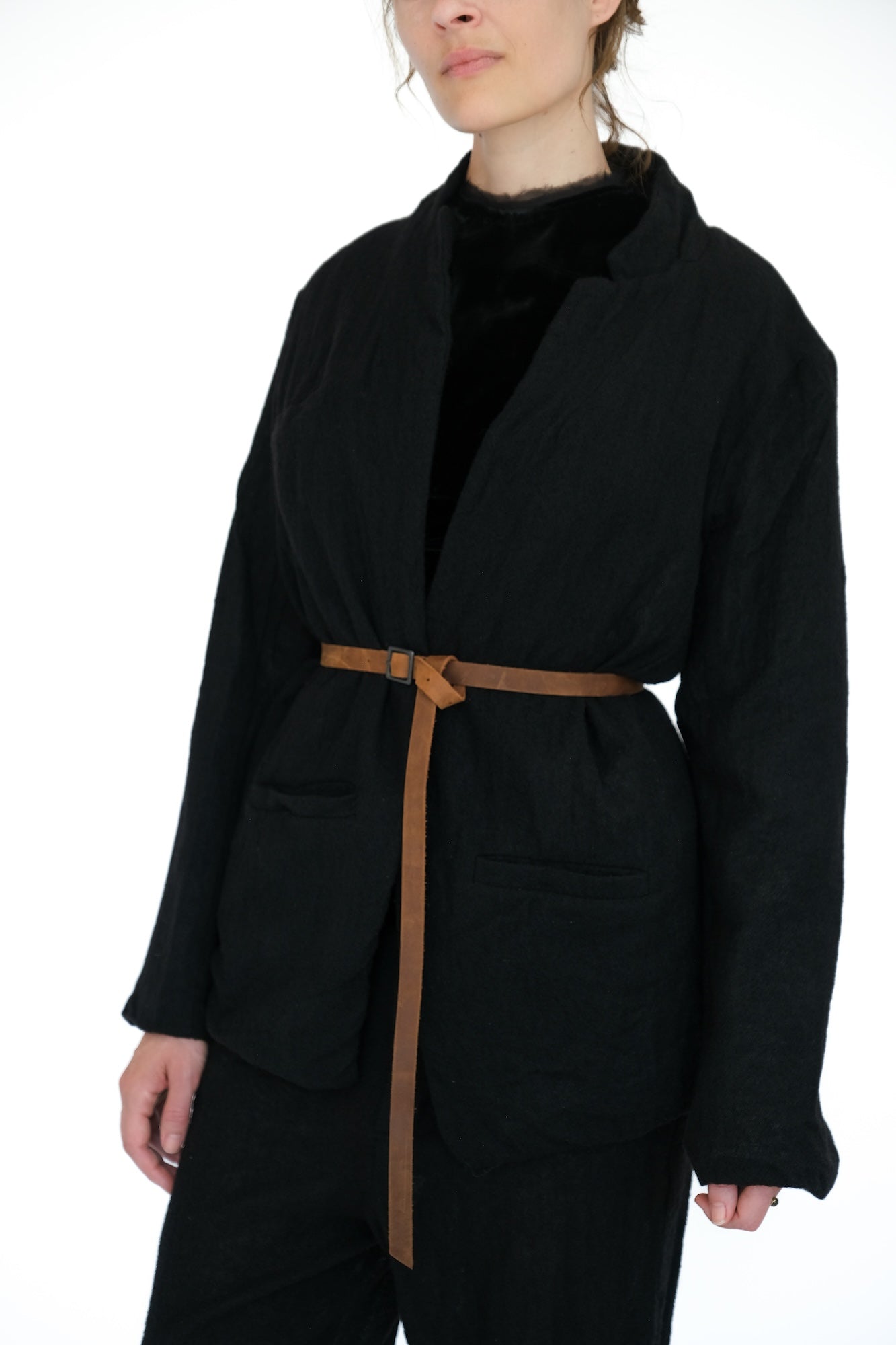 Leather Belted Japanese Ghost Wool Jacket,  Black