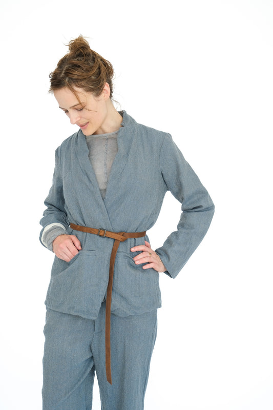 Leather Belted Japanese Ghost Wool Jacket,  Blue Melange