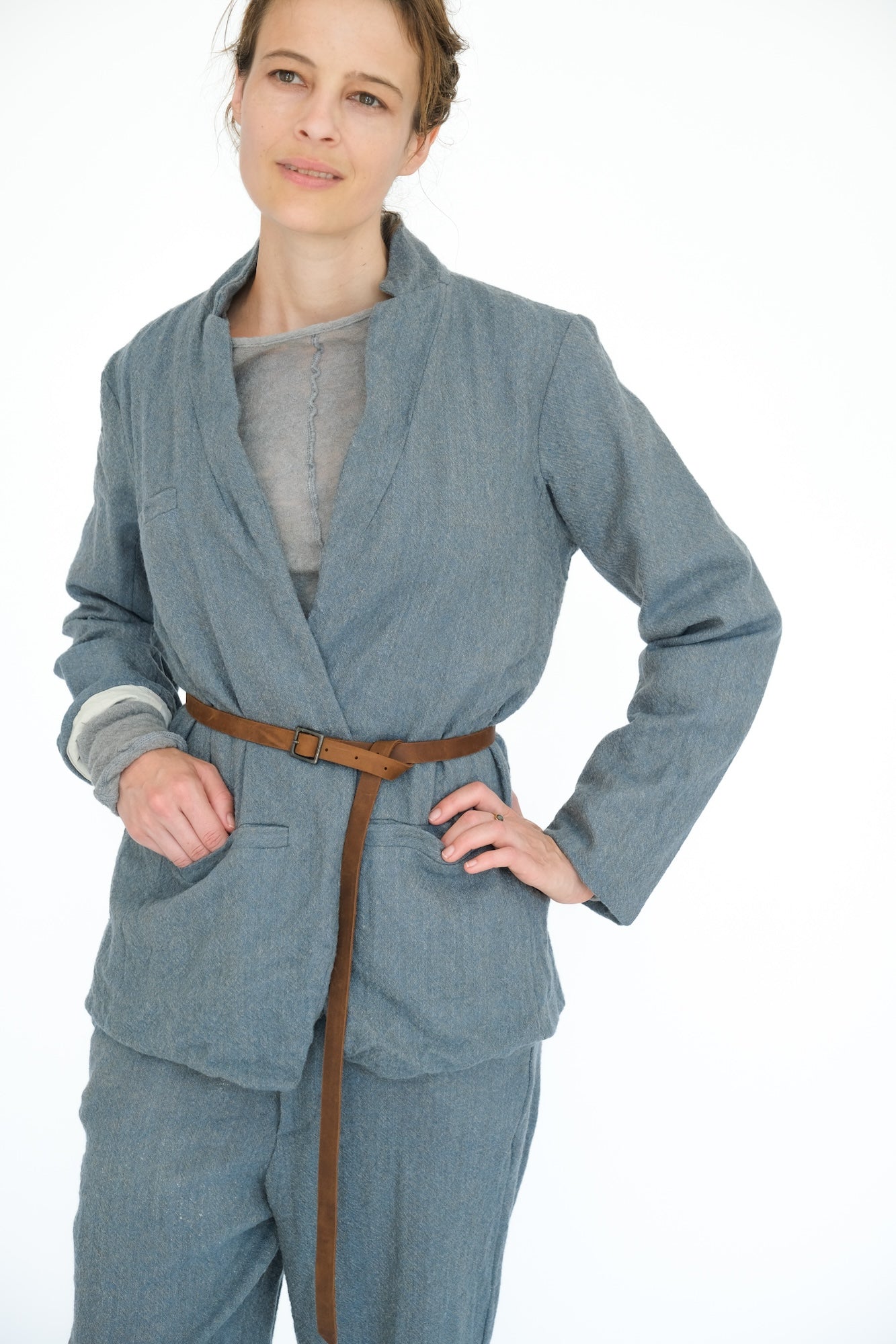 Leather Belted Japanese Ghost Wool Jacket,  Blue Melange