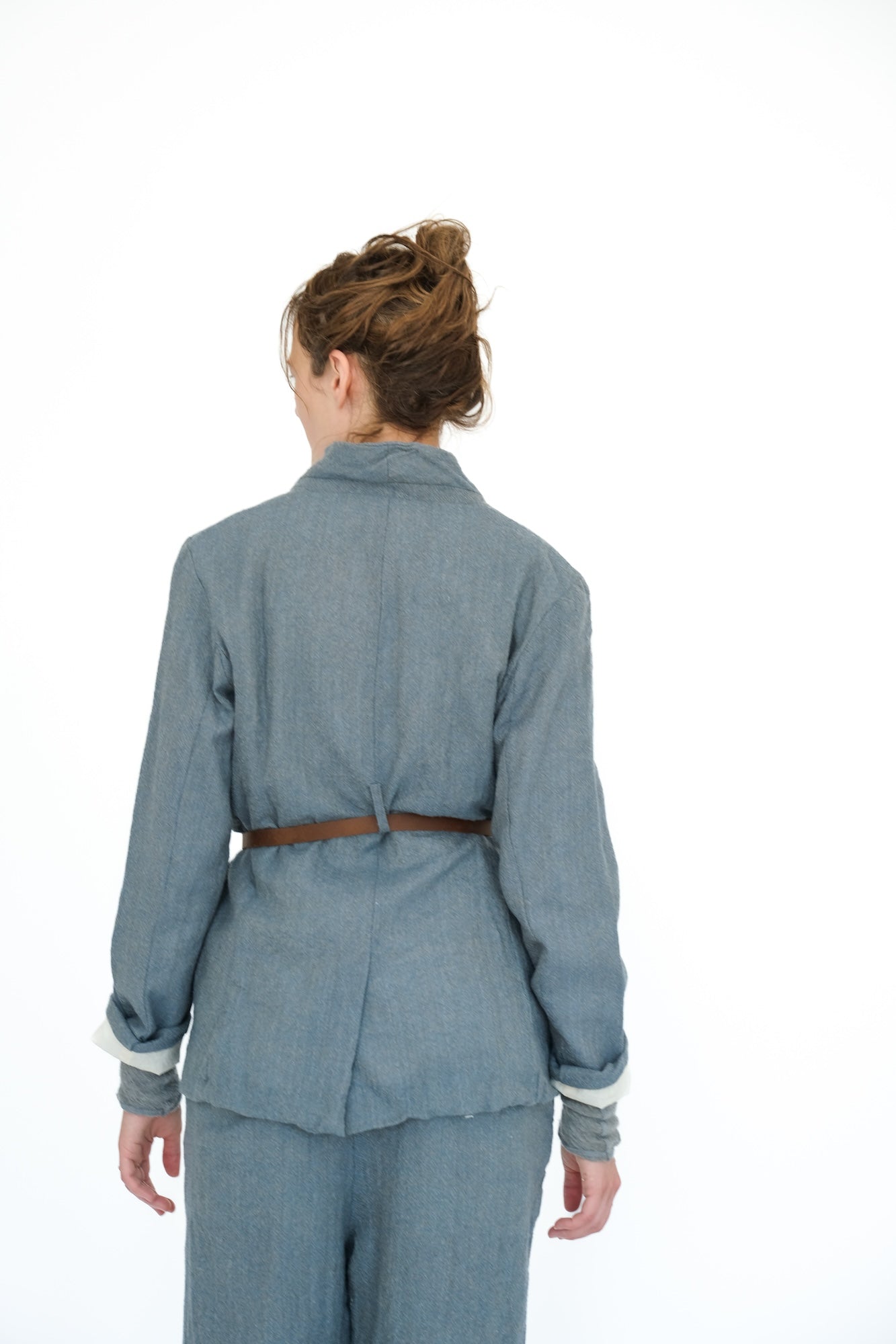 Leather Belted Japanese Ghost Wool Jacket,  Blue Melange
