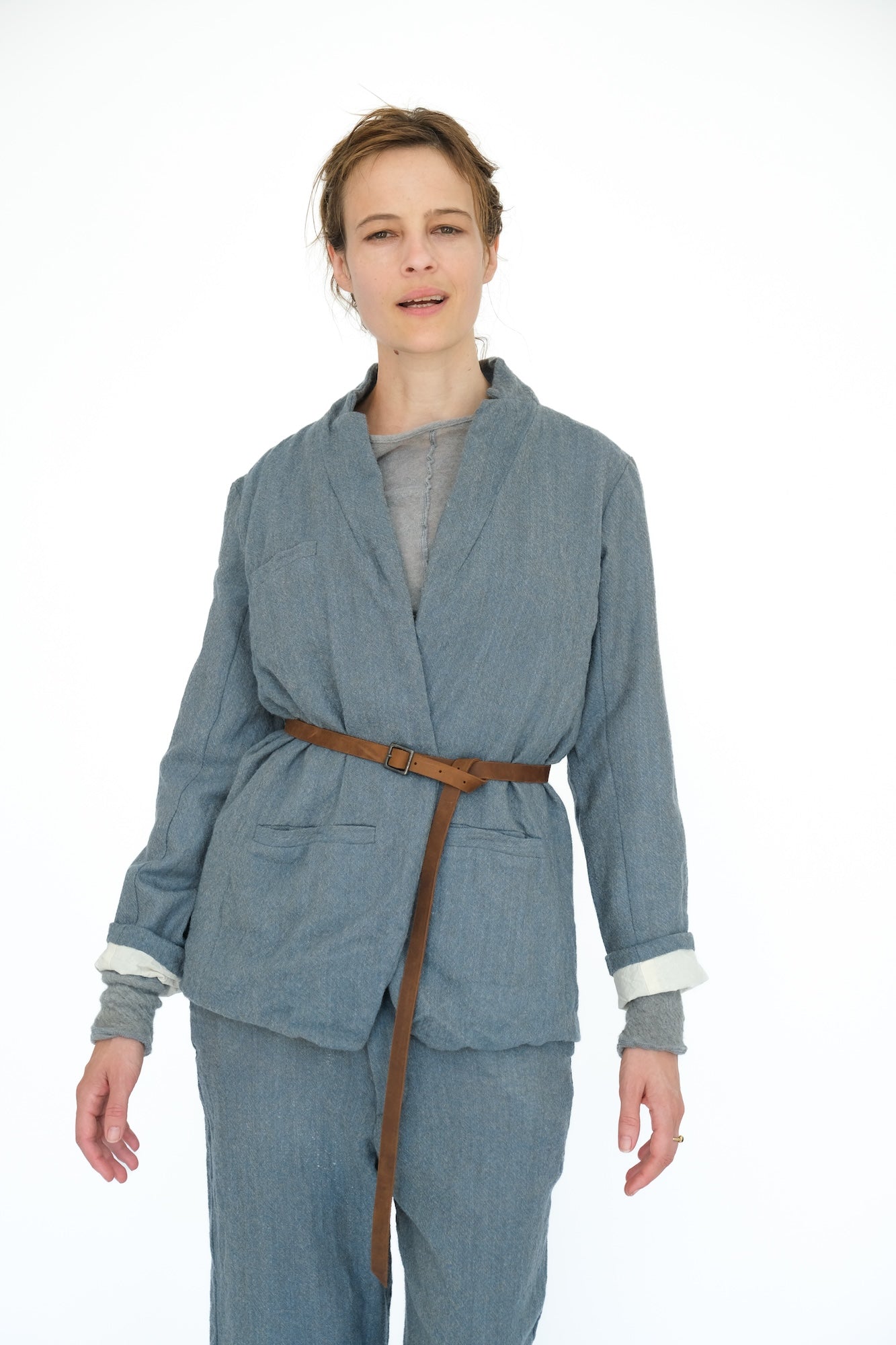 Leather Belted Japanese Ghost Wool Jacket,  Blue Melange