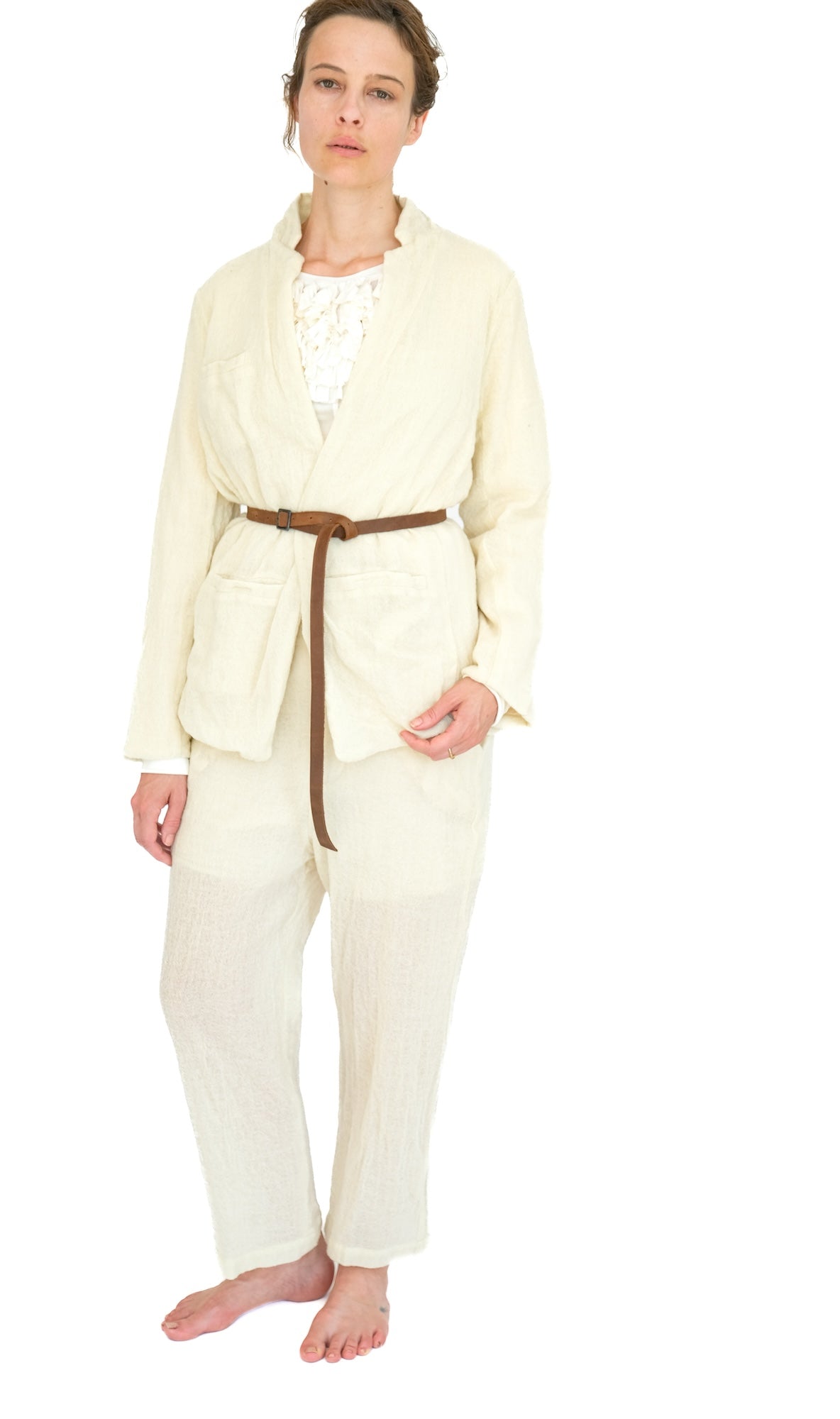Leather Belted Japanese Ghost Wool Jacket,  Ivory