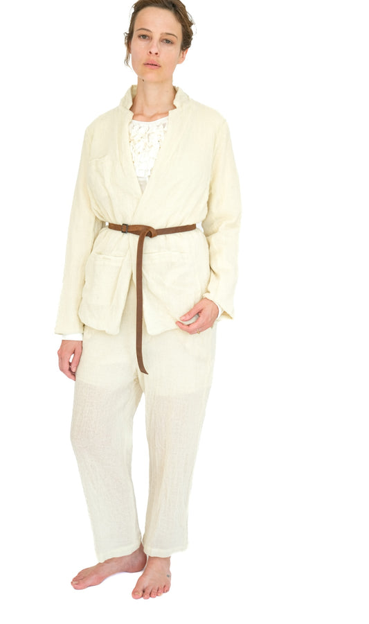 Leather Belted Japanese Ghost Wool Jacket,  Ivory