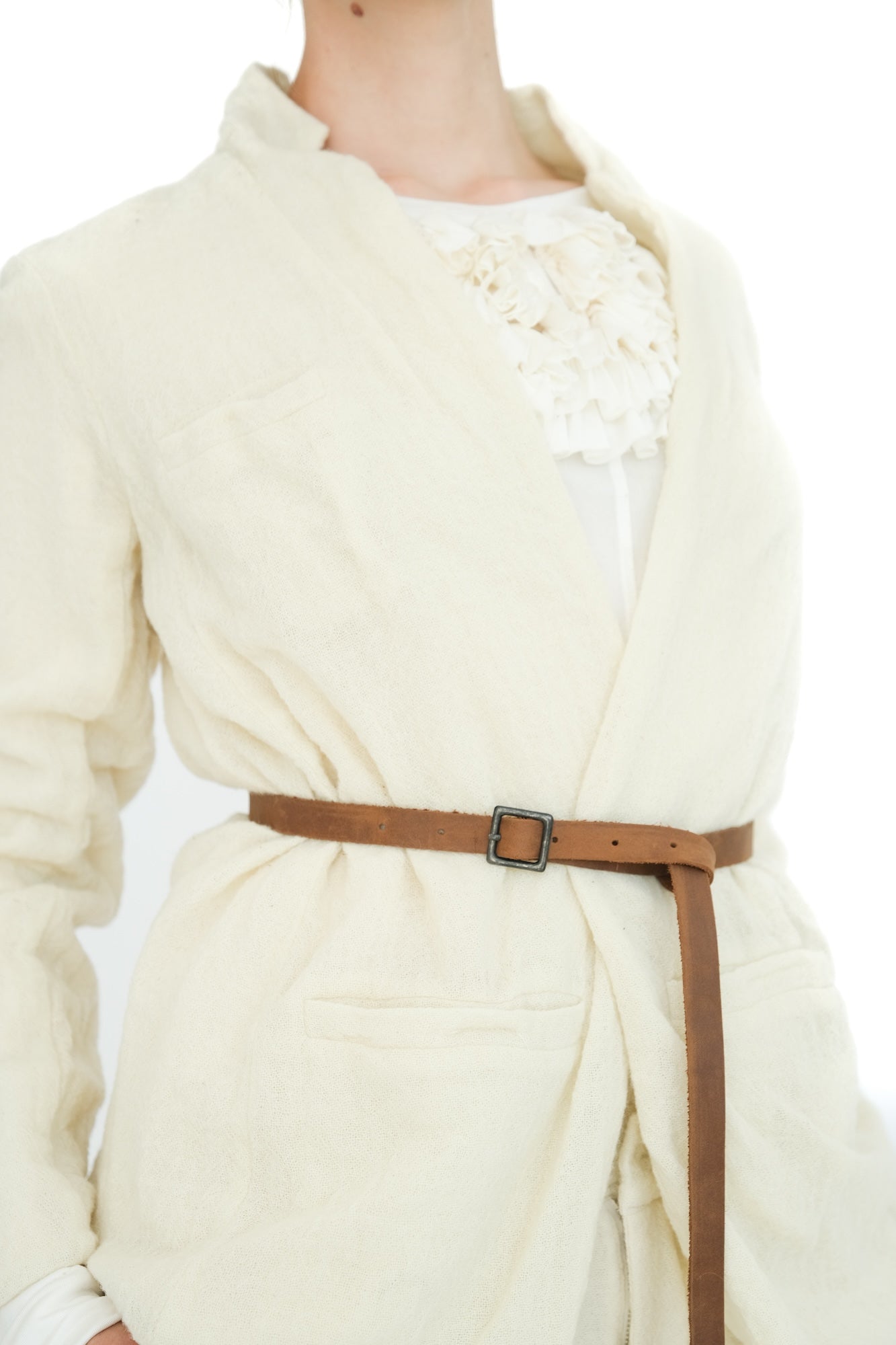Leather Belted Japanese Ghost Wool Jacket,  Ivory