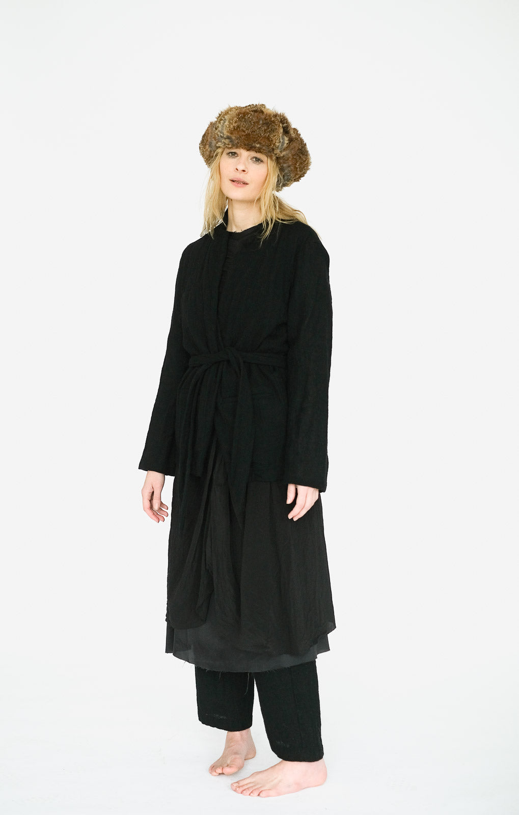Belted Japanese Ghost Wool Jacket, Black