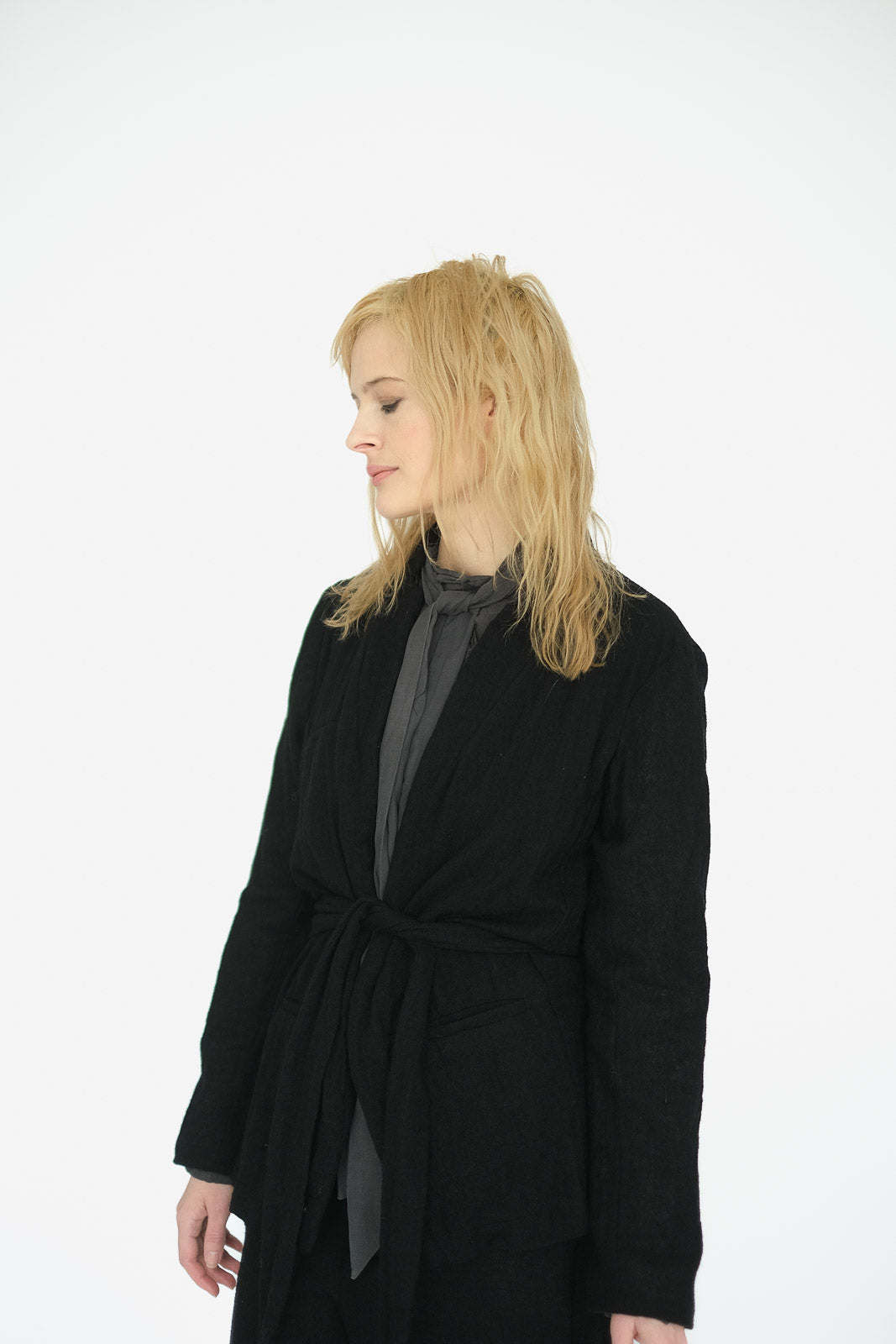 Belted Japanese Ghost Wool Jacket, Black