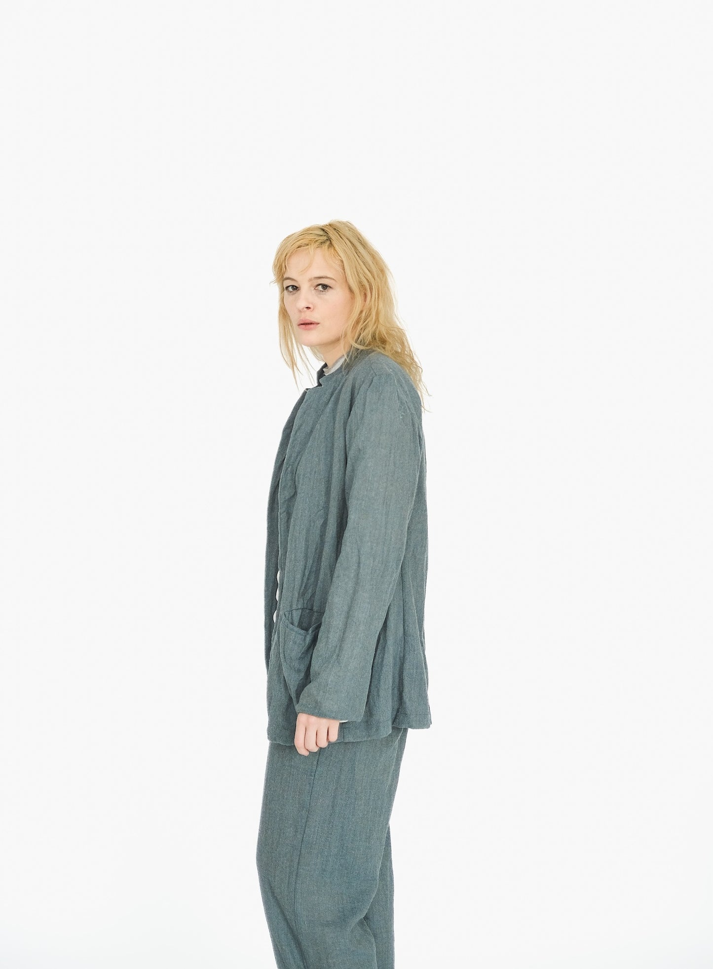 Belted Japanese Ghost Wool Jacket,  Blue Melange