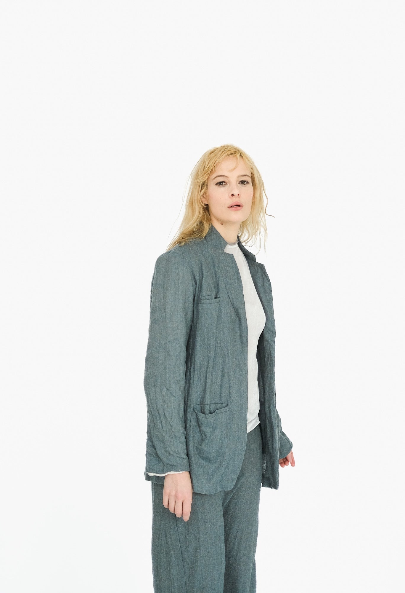 Belted Japanese Ghost Wool Jacket,  Blue Melange