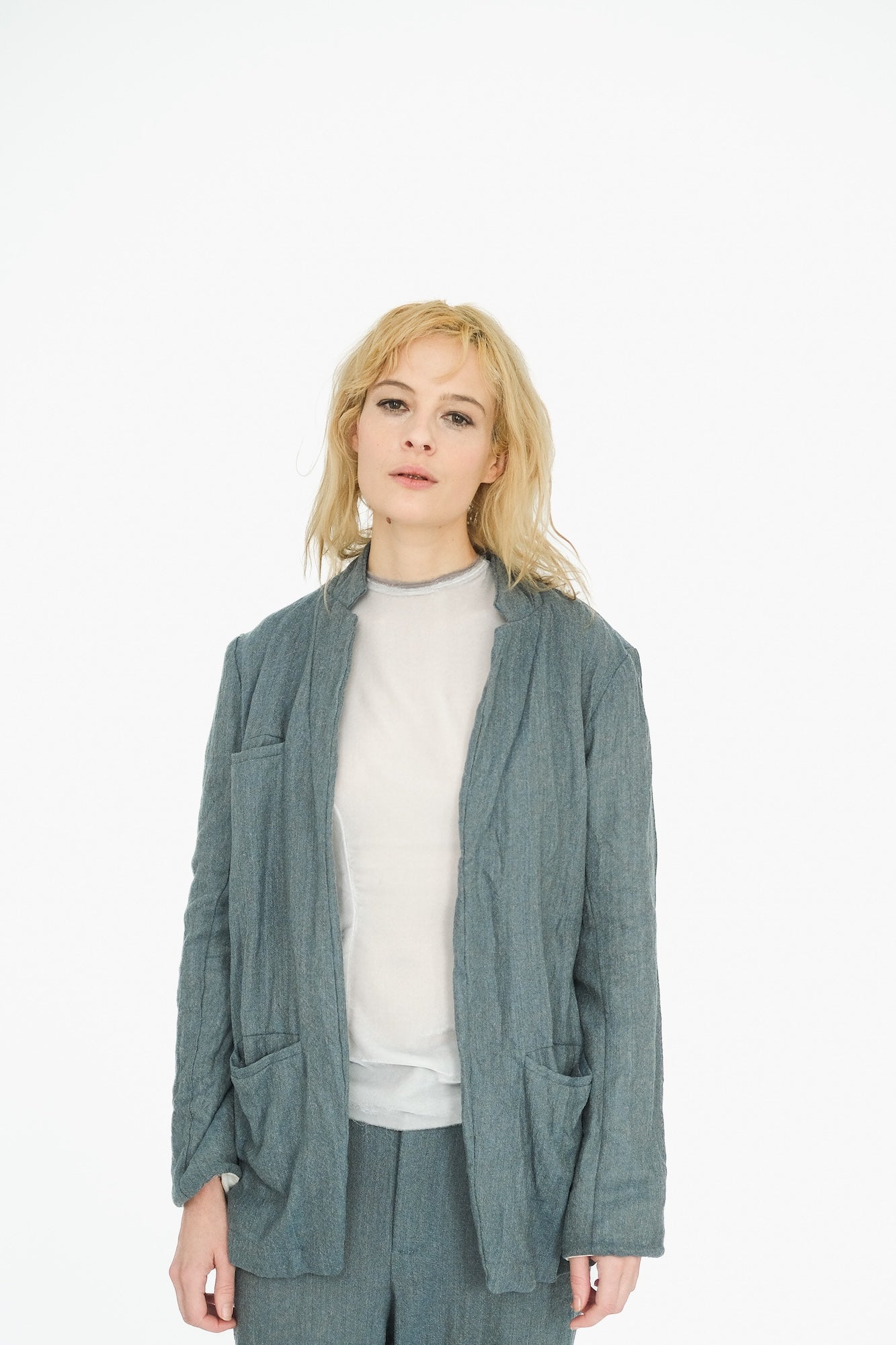 Belted Japanese Ghost Wool Jacket,  Blue Melange