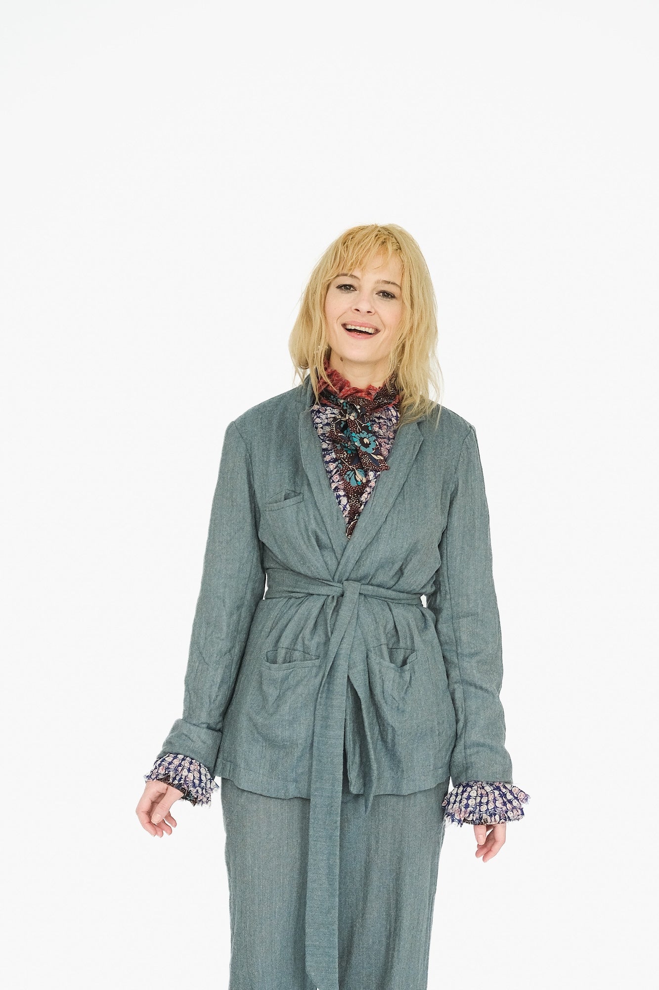 Belted Japanese Ghost Wool Jacket,  Blue Melange