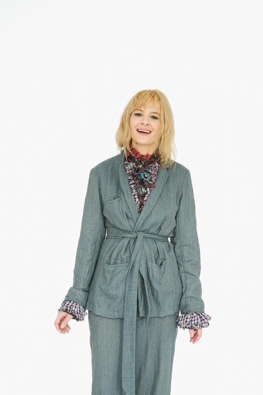 Belted Japanese Ghost Wool Jacket,  Blue Melange