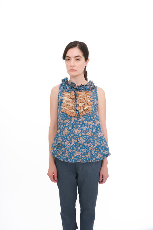 Blouse with Ruffle Yoke and Under Cami - Blue Floral