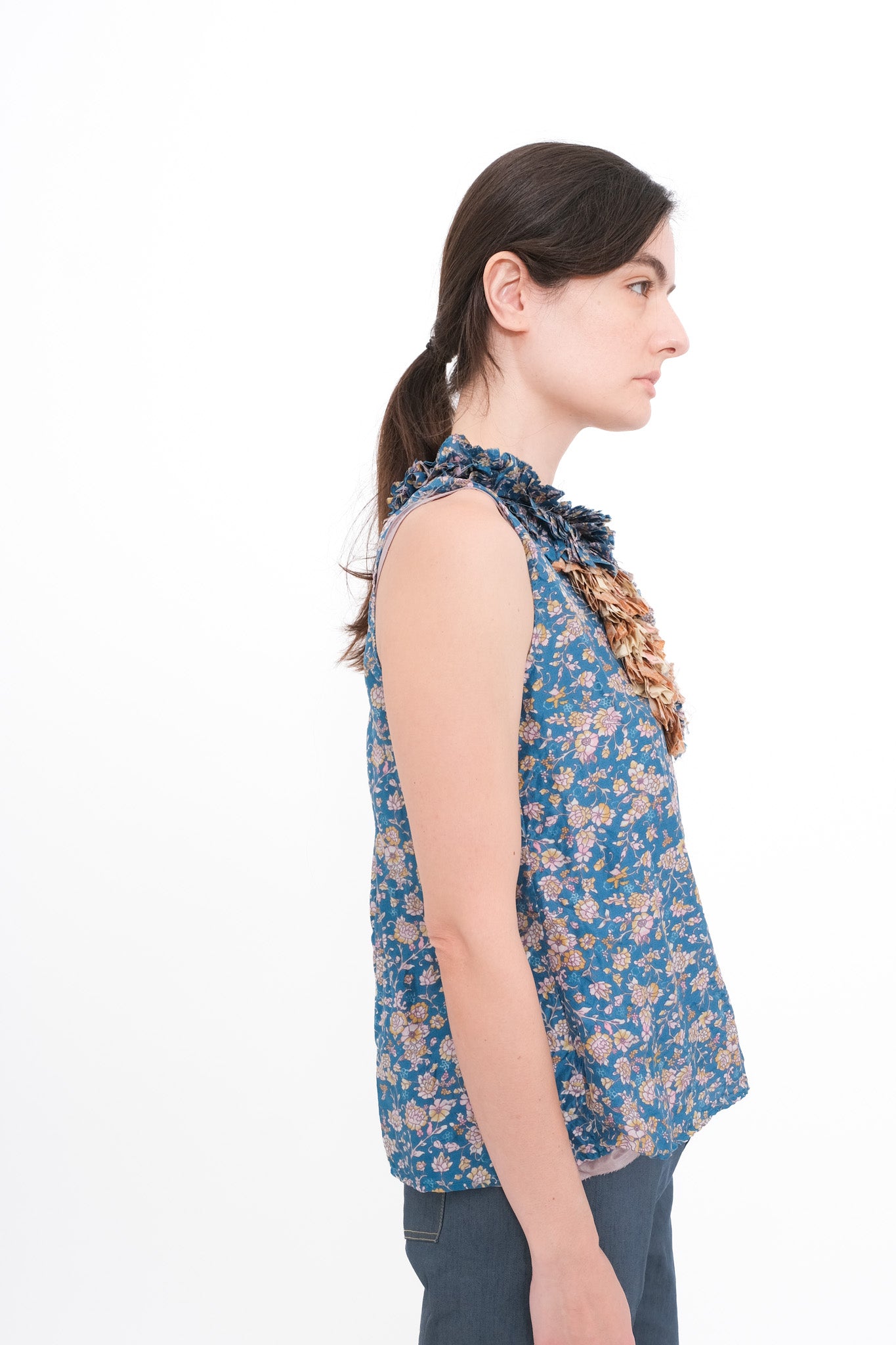 Blouse with Ruffle Yoke and Under Cami - Blue Floral