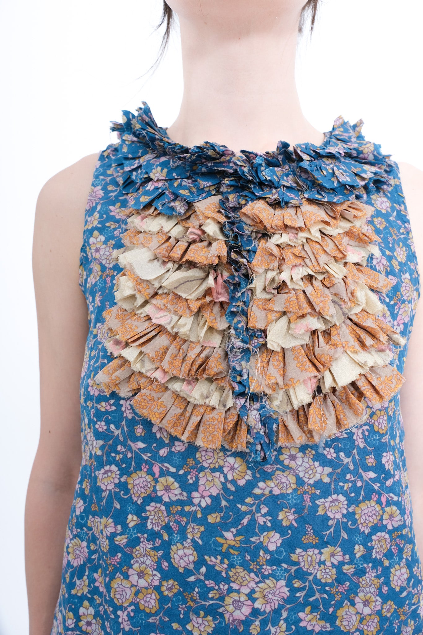 Blouse with Ruffle Yoke and Under Cami - Blue Floral