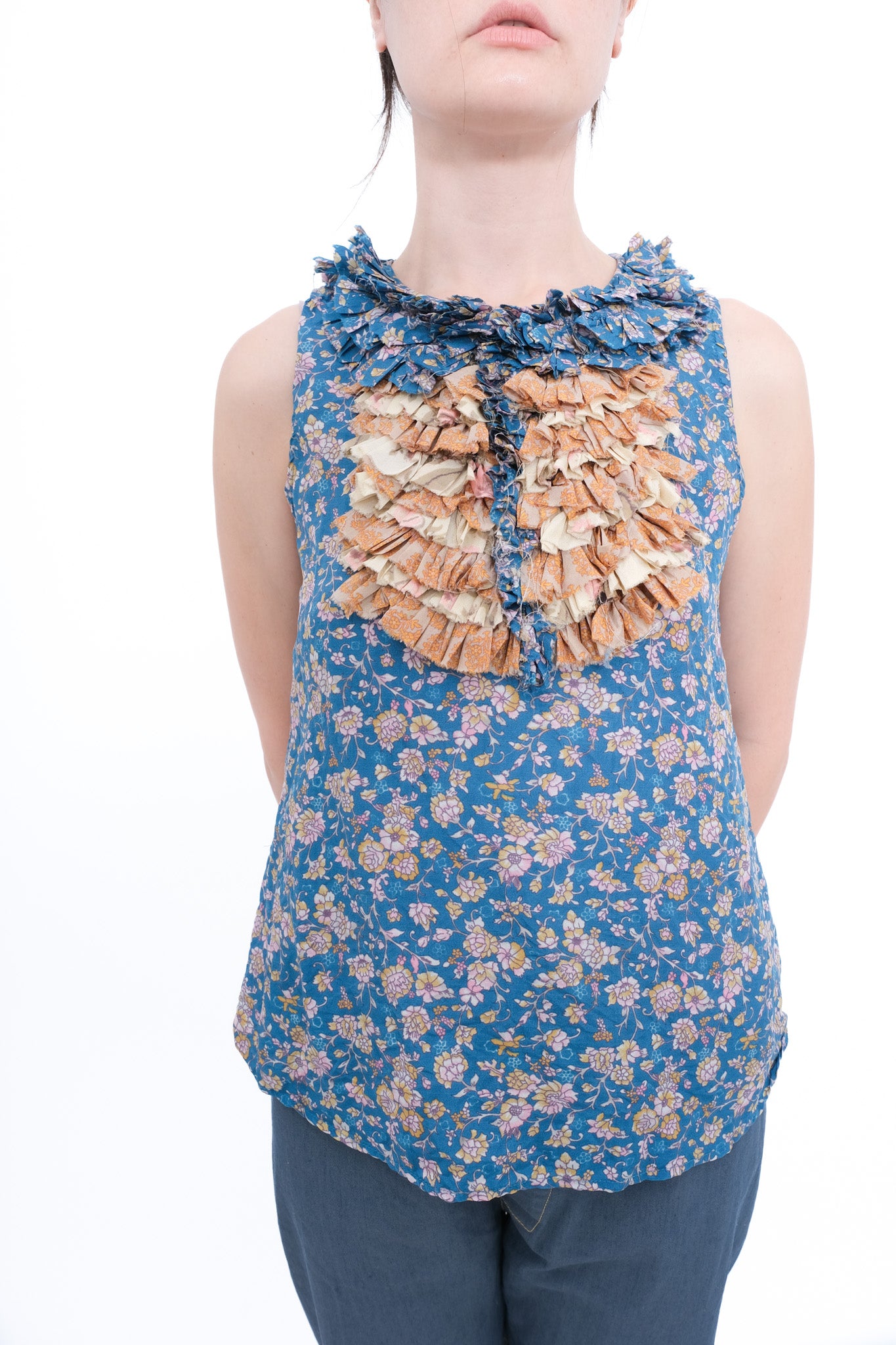 Blouse with Ruffle Yoke and Under Cami - Blue Floral
