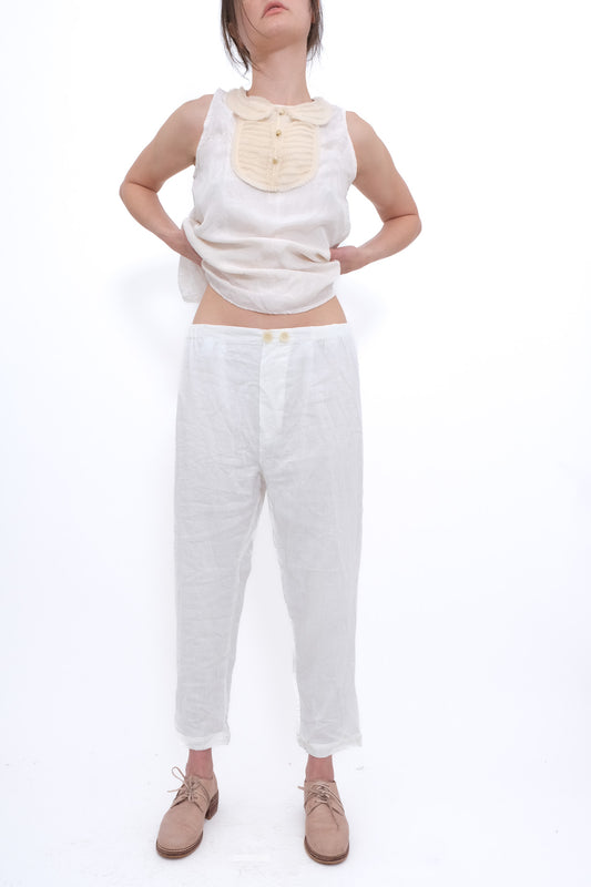 Linen Trousers with Elastic and Drawstring - White