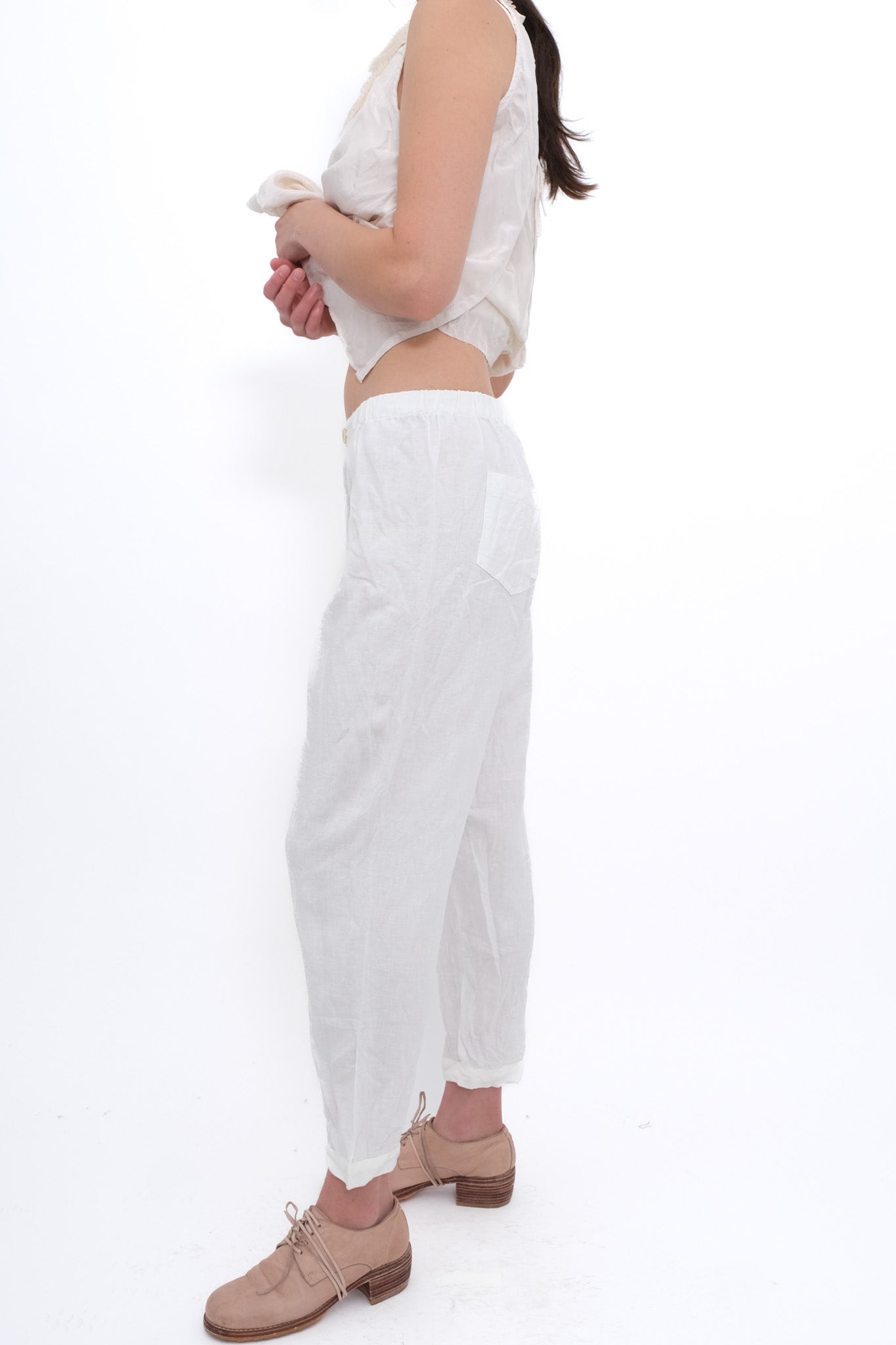 Linen Trousers with Elastic and Drawstring - White