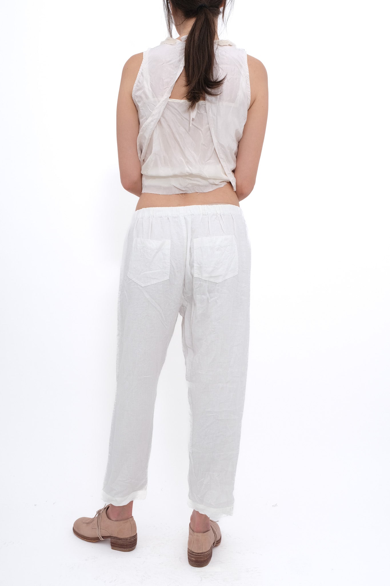 Linen Trousers with Elastic and Drawstring - White