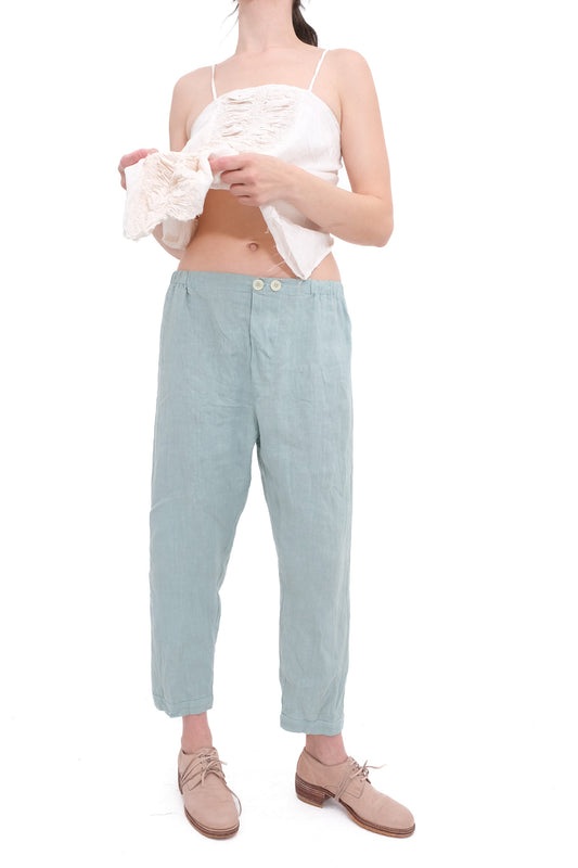 Linen Trousers with Elastic and Drawstring - Sea