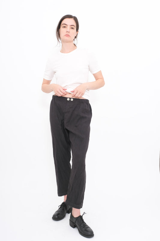 Linen Trousers with Elastic and Drawstring - Black