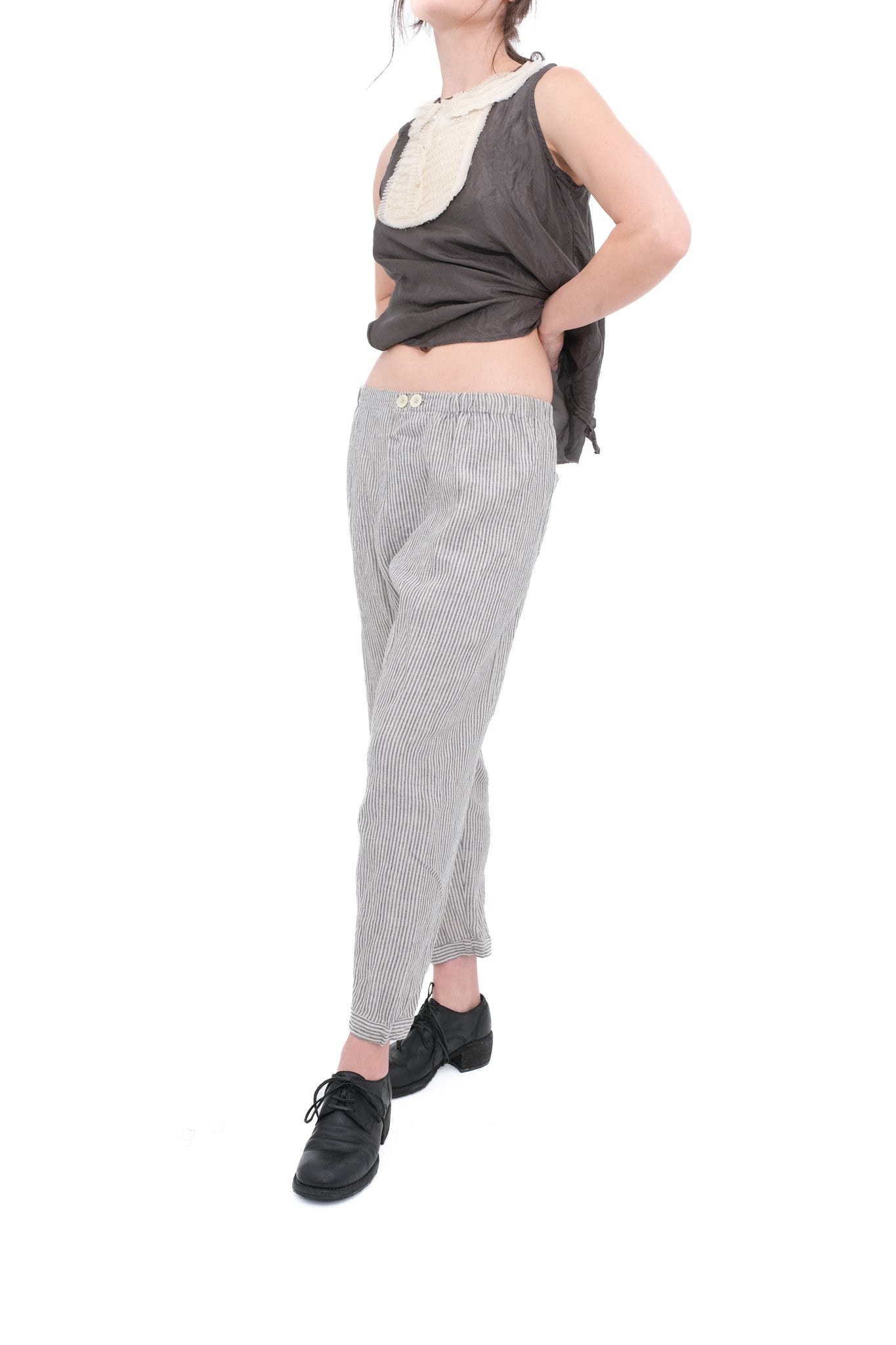 Striped Linen Trousers with Elastic and Drawstring