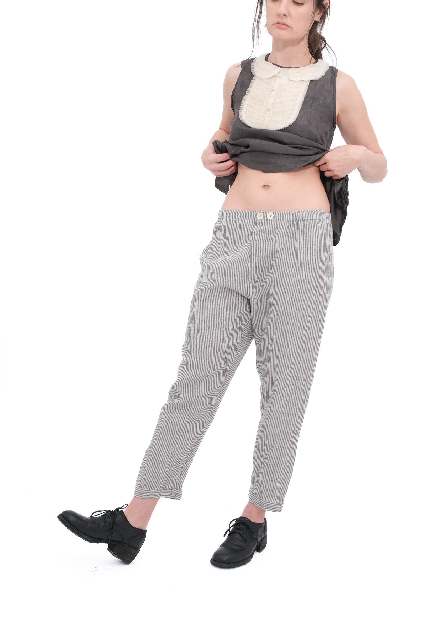 Striped Linen Trousers with Elastic and Drawstring