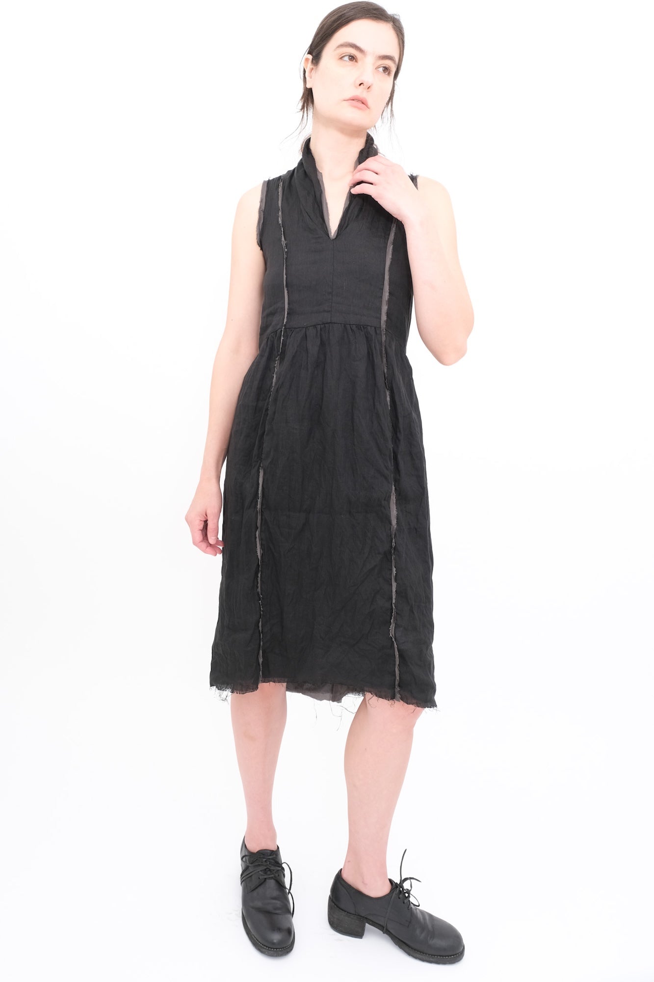 Sleeveless Dress in Linen with Silk Lining and Trim- Black