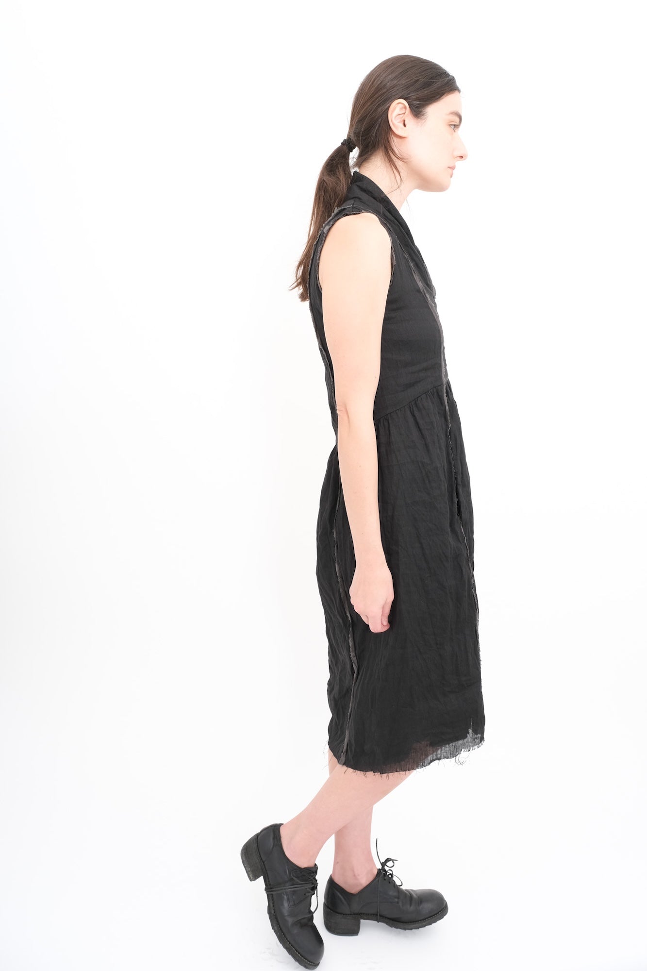 Sleeveless Dress in Linen with Silk Lining and Trim- Black
