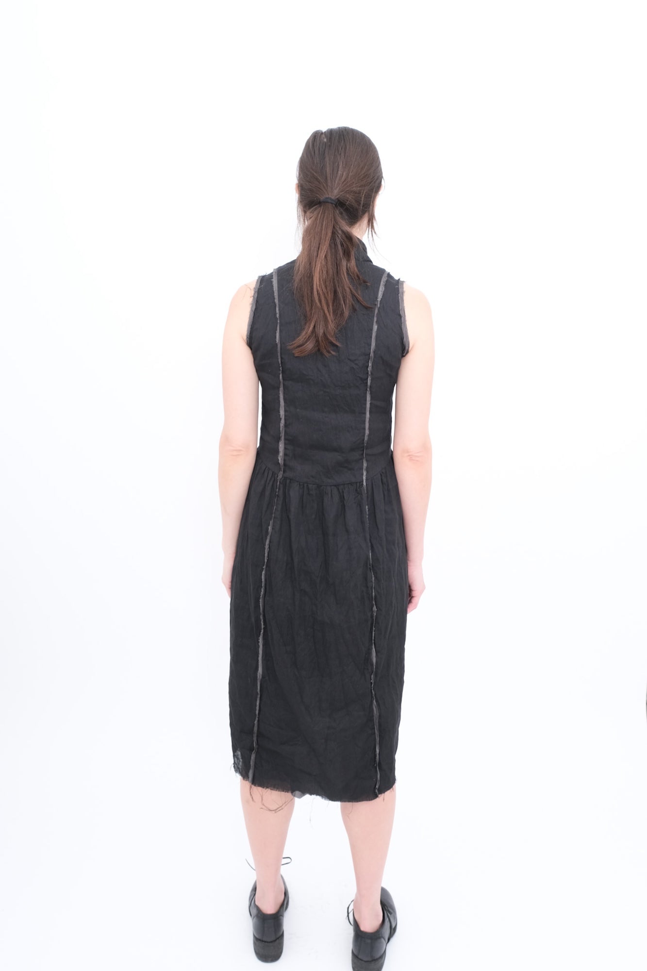 Sleeveless Dress in Linen with Silk Lining and Trim- Black