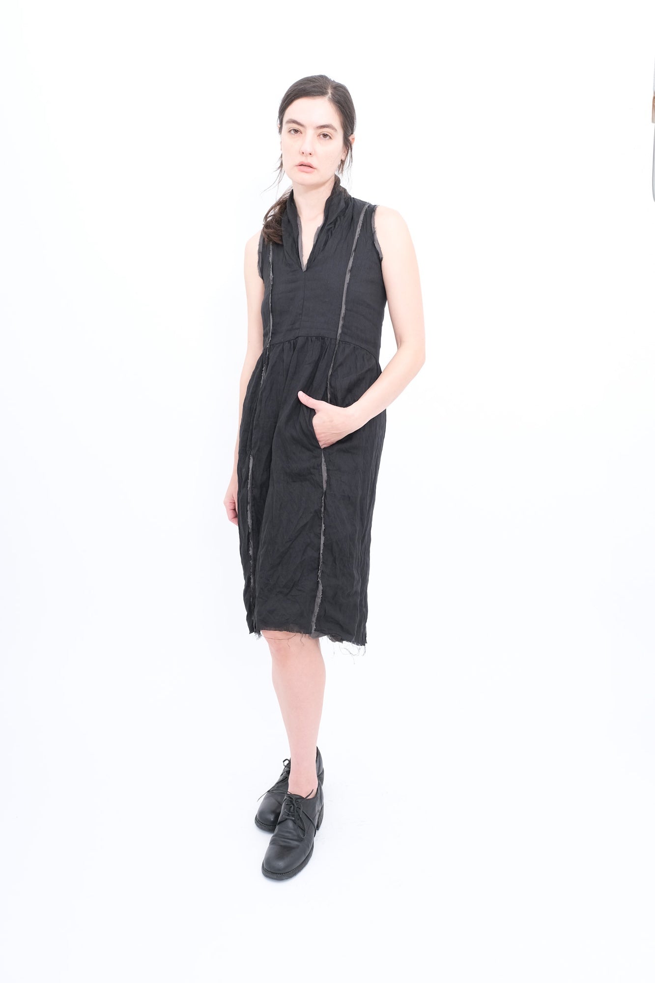 Sleeveless Dress in Linen with Silk Lining and Trim- Black