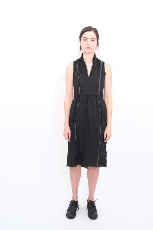 Sleeveless Dress in Linen with Silk Lining and Trim- Black