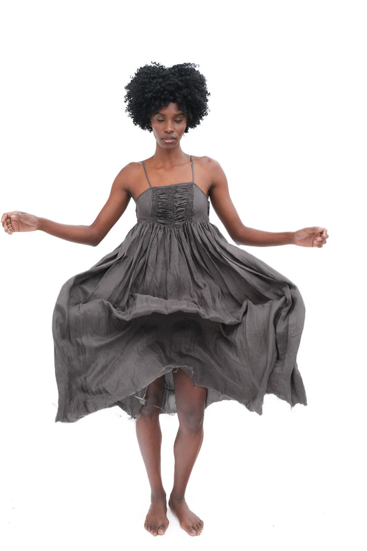 Silk Ruched Ballerina Dress- Faded Black