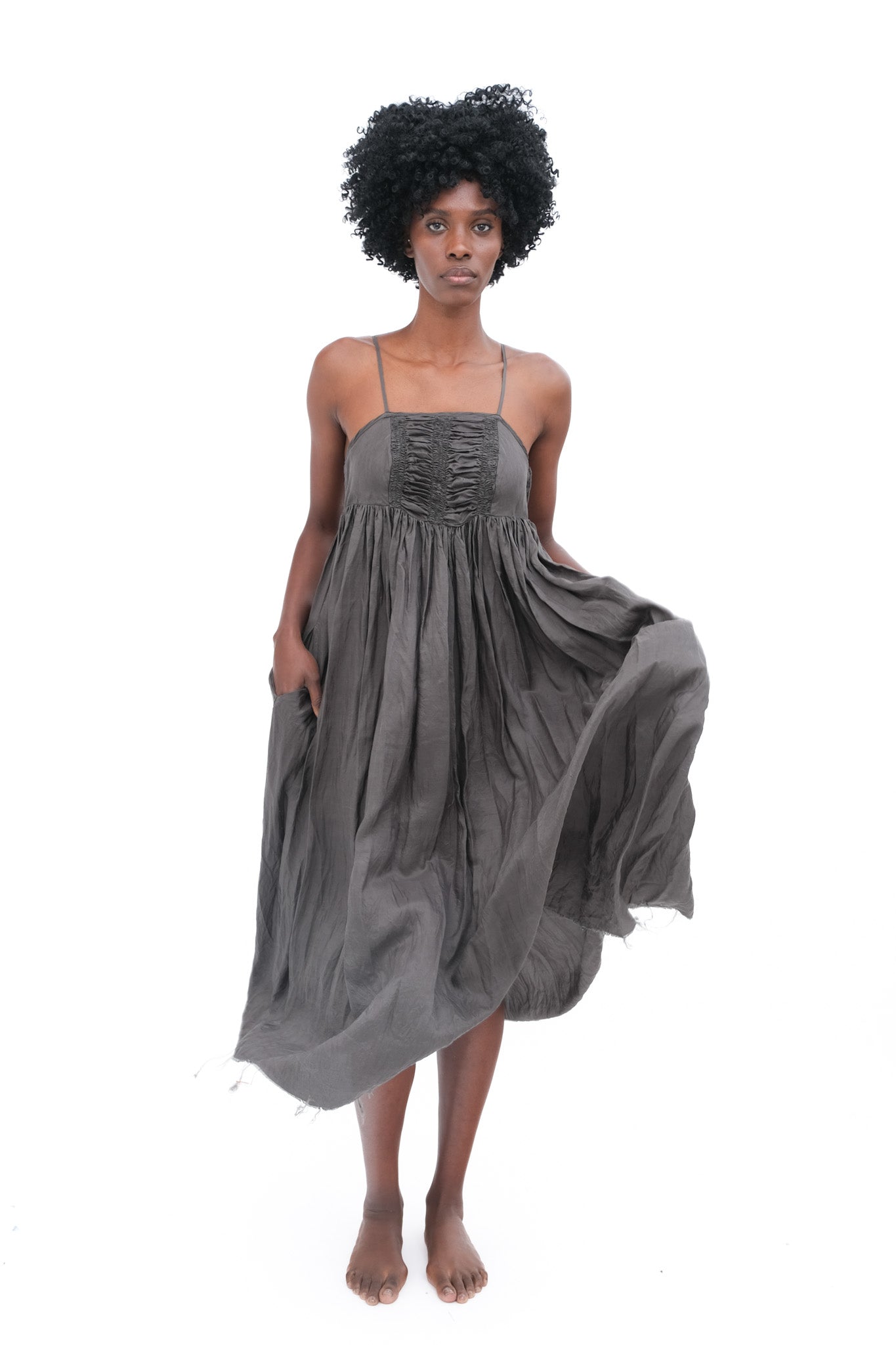 Silk Ruched Ballerina Dress- Faded Black
