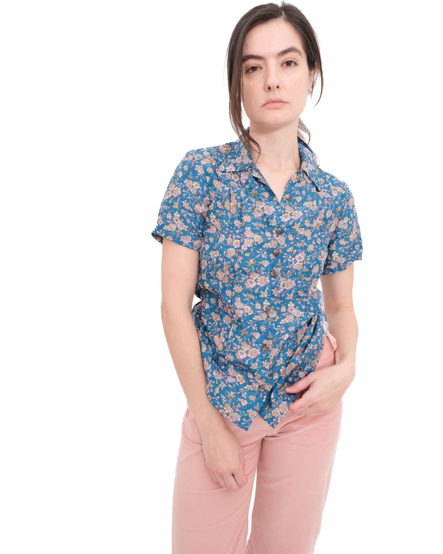 Silk Pintuck Blouse - Blue Print