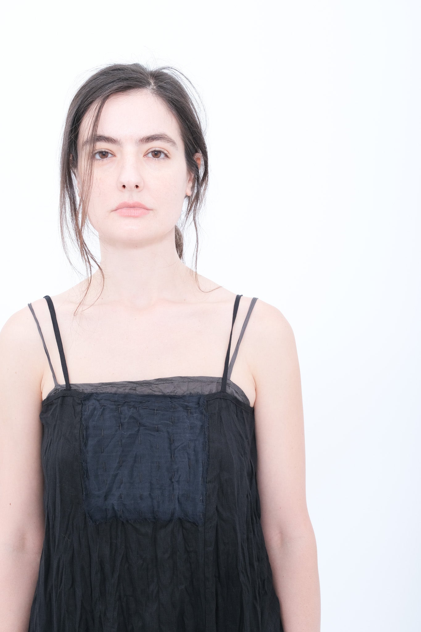 Slip Dress with Gauze Apron - Black