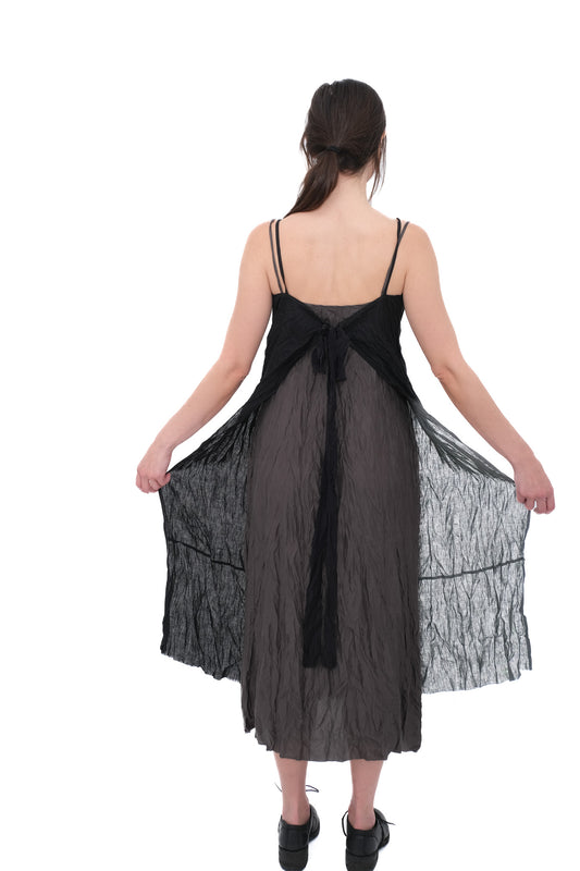 Slip Dress with Gauze Apron - Black