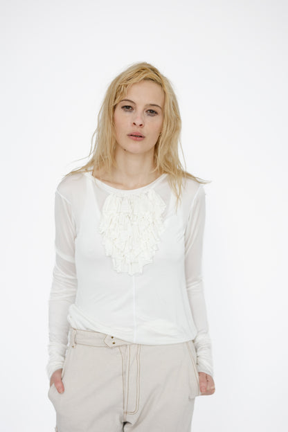 Silk Knit T-Shirt with Ruffles,  Ivory