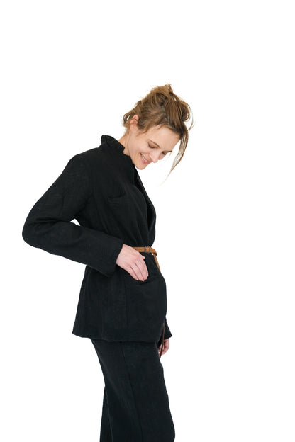 Leather Belted Japanese Ghost Wool Jacket,  Black