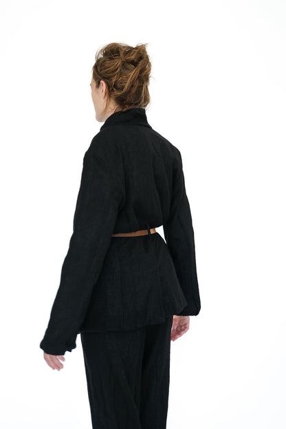 Leather Belted Japanese Ghost Wool Jacket,  Black