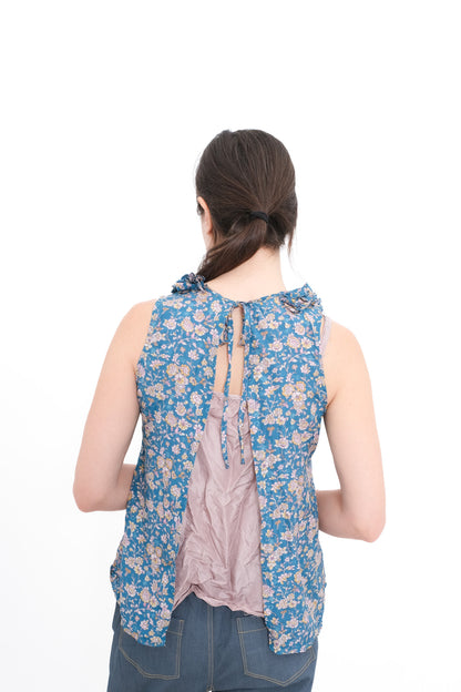 Blouse with Ruffle Yoke and Under Cami - Blue Floral