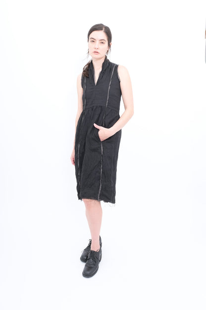 Sleeveless Dress in Linen with Silk Lining and Trim- Black
